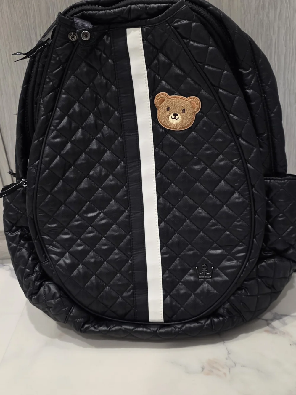 DARK Blue, NAVY Quilted Women's Backpack with White Center Stripe and Bear Patch